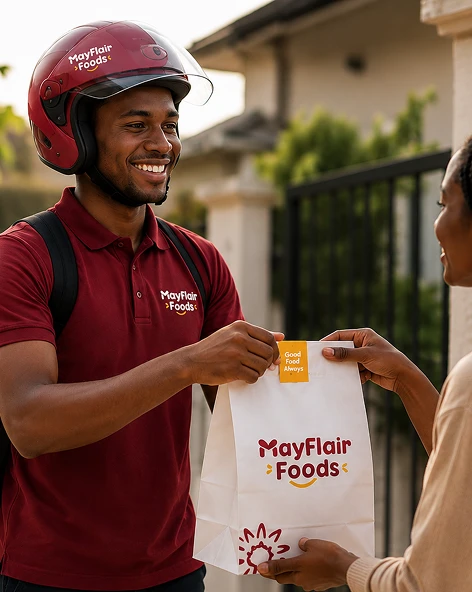 Mayflair delivery rider handing an order to a customer